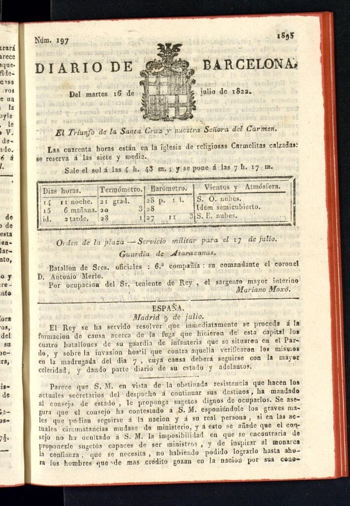 Miniatura de Diario de Barcelona del 16 de julio de 1822, nº 197