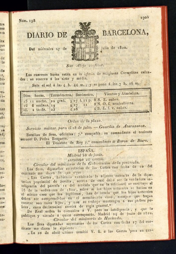 Miniatura de Diario de Barcelona del 17 de julio de 1822, nº 198
