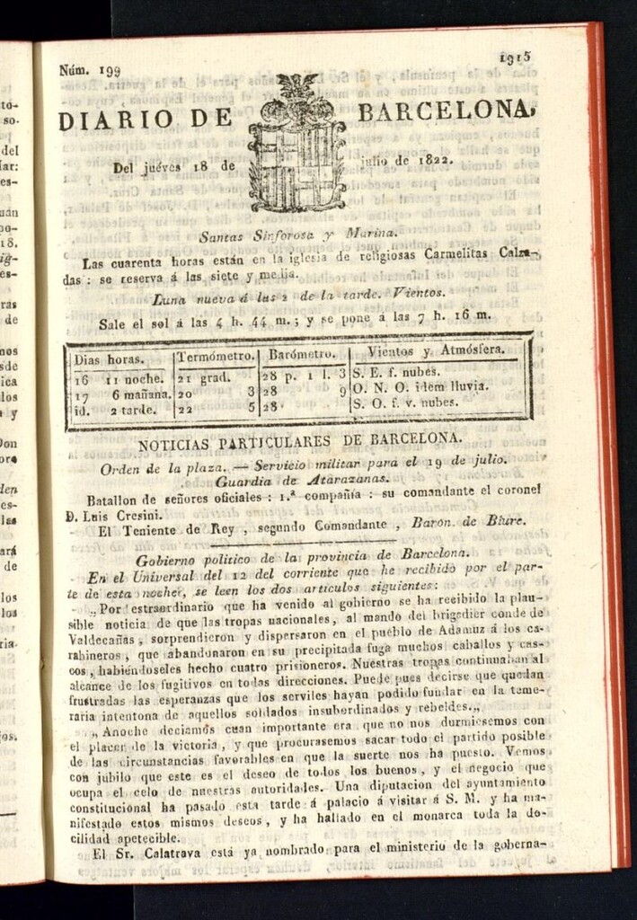 Miniatura de Diario de Barcelona del 18 de julio de 1822, nº 199