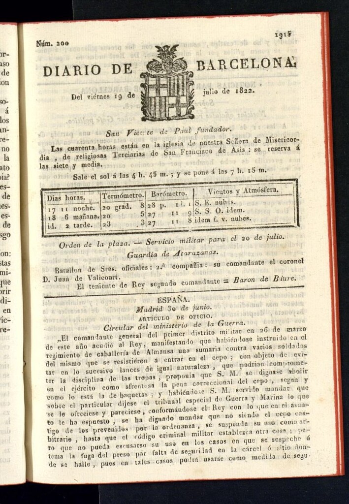 Miniatura de Diario de Barcelona del 19 de julio de 1822, nº 200