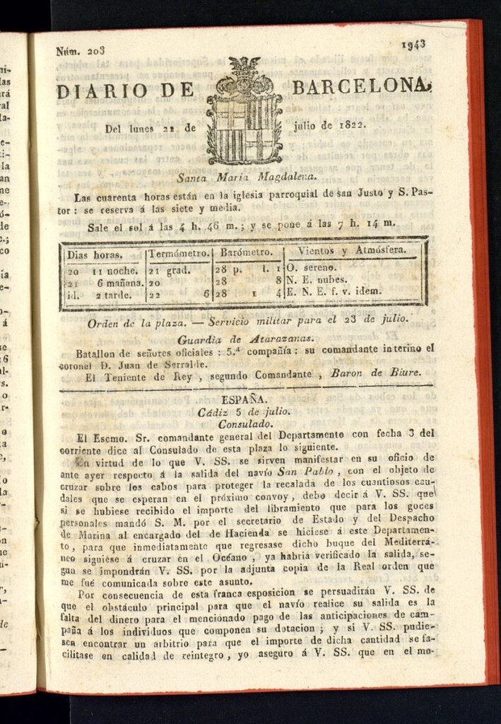 Miniatura de Diario de Barcelona del 22 de julio de 1822, nº 203
