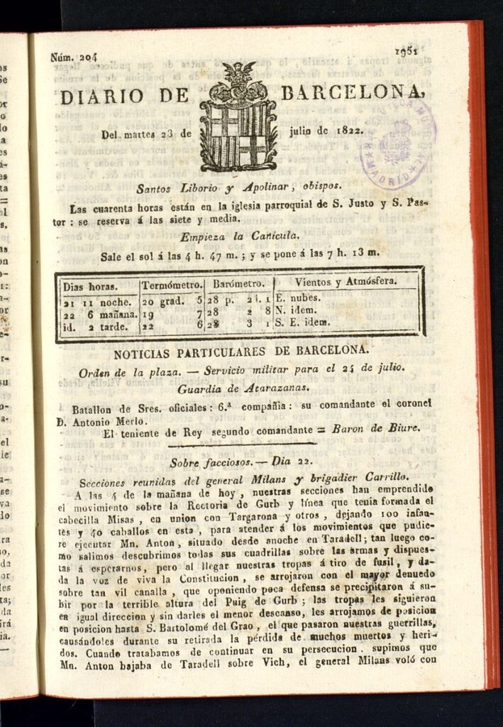 Miniatura de Diario de Barcelona del 23 de julio de 1822, nº 204