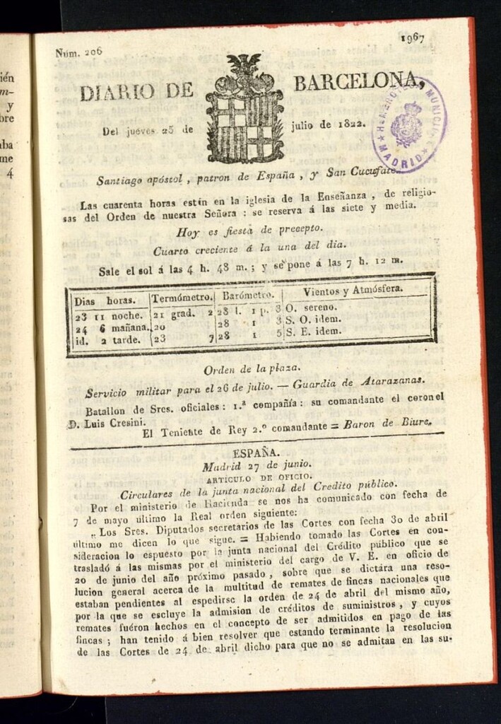 Miniatura de Diario de Barcelona del 25 de julio de 1822, nº 206