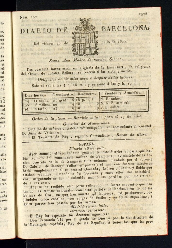 Miniatura de Diario de Barcelona del 26 de julio de 1822, nº 207