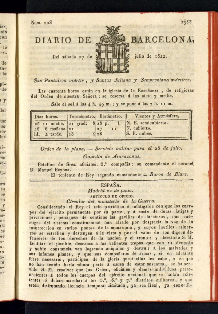 Miniatura de Diario de Barcelona del 27 de julio de 1822, nº 208