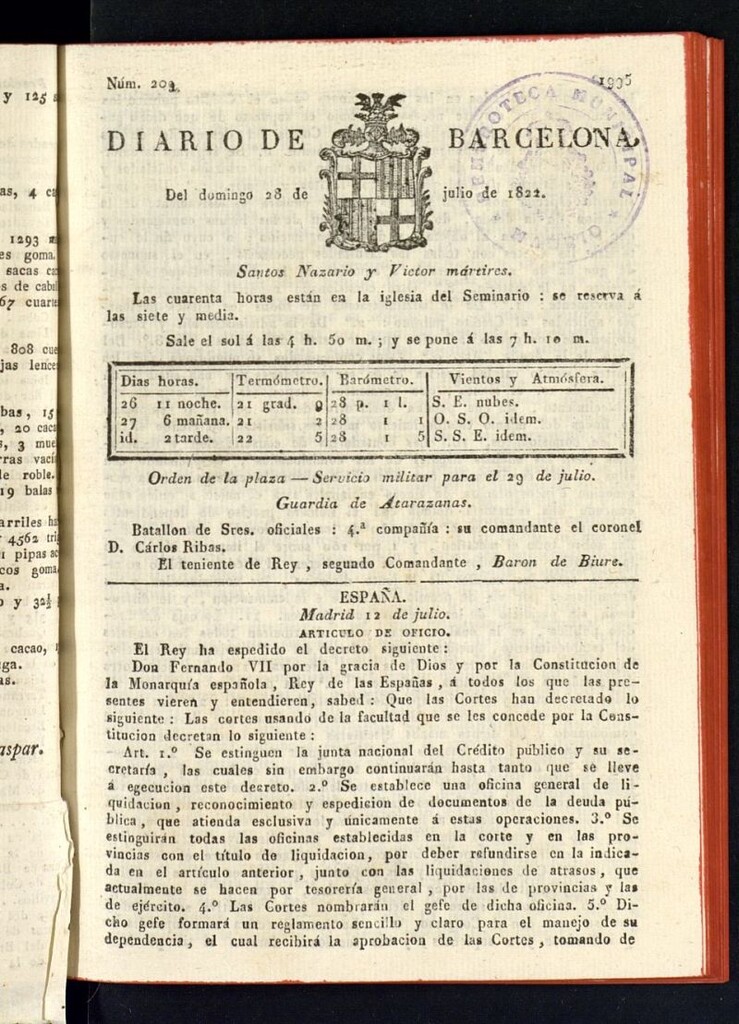 Miniatura de Diario de Barcelona del 28 de julio de 1822, nº 209