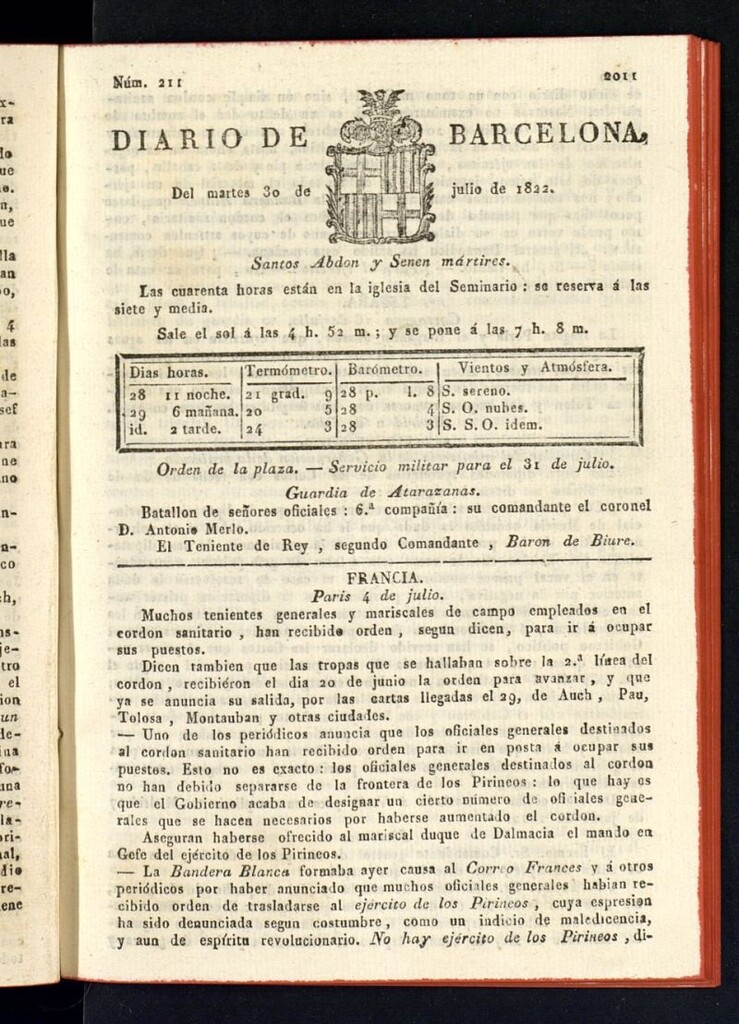 Miniatura de Diario de Barcelona del 30 de julio de 1822, nº 211