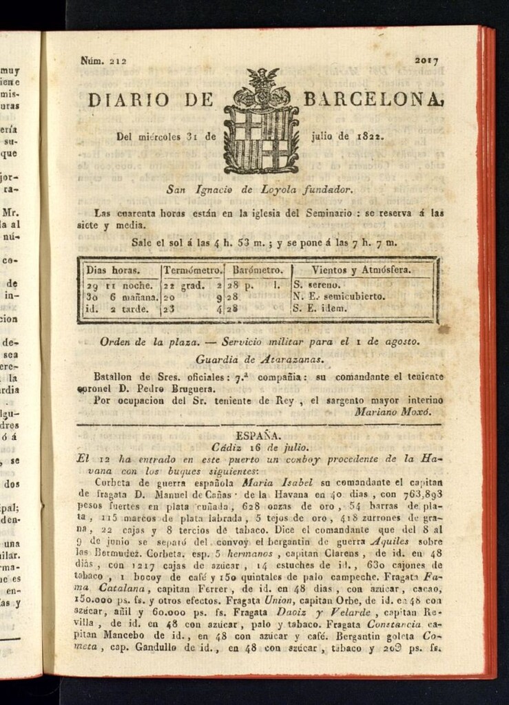 Miniatura de Diario de Barcelona del 31 de julio de 1822, nº 212