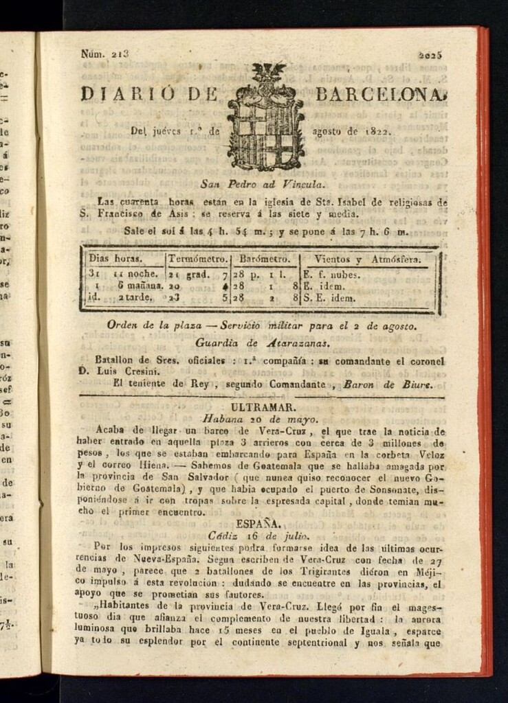 Miniatura de Diario de Barcelona del 1 de agosto de 1822, nº 213