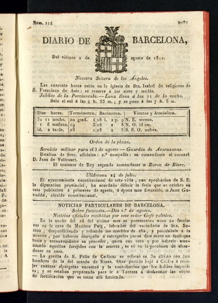 Miniatura de Diario de Barcelona del 2 de agosto de 1822, nº 214