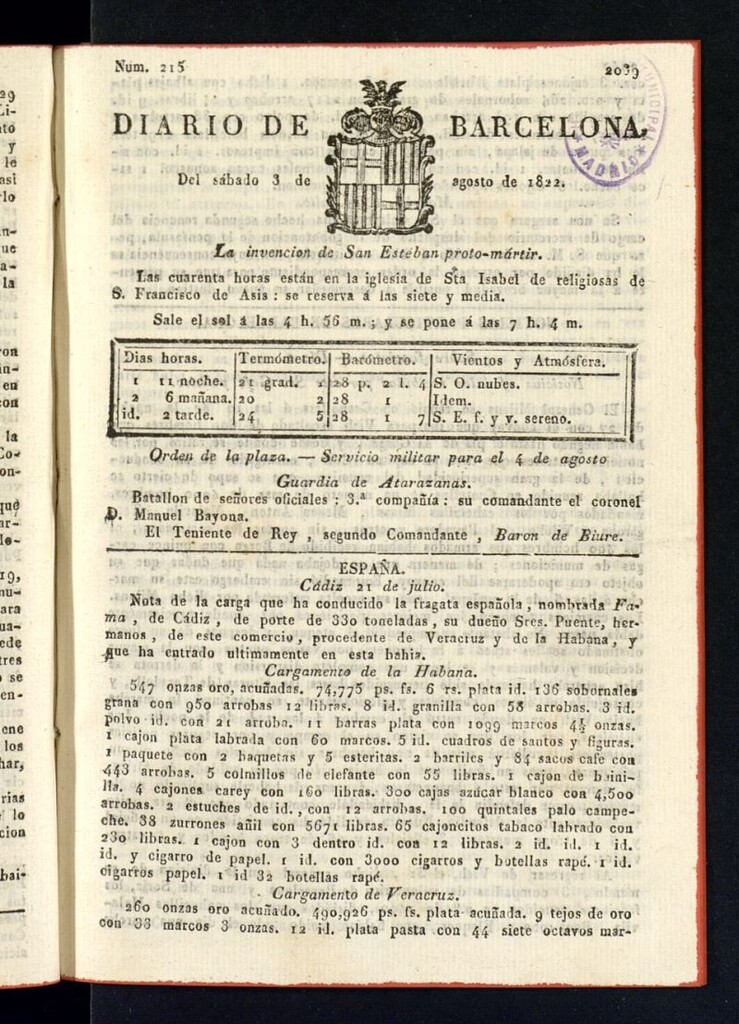 Miniatura de Diario de Barcelona del 3 de agosto de 1822, nº 215