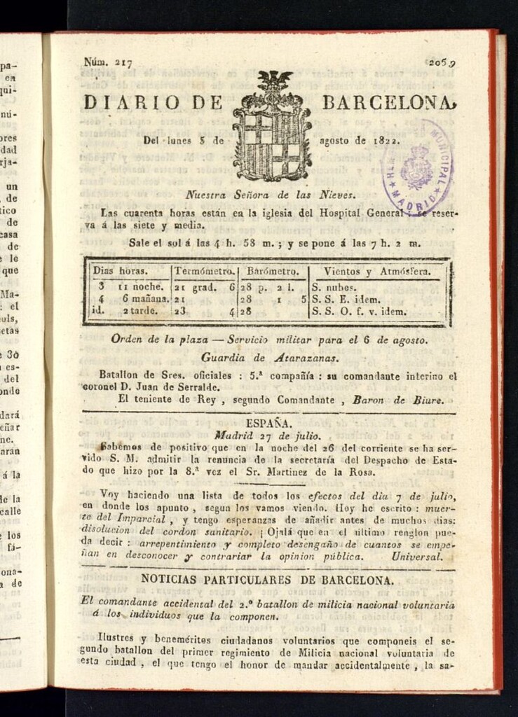 Miniatura de Diario de Barcelona del 5 de agosto de 1822, nº 217