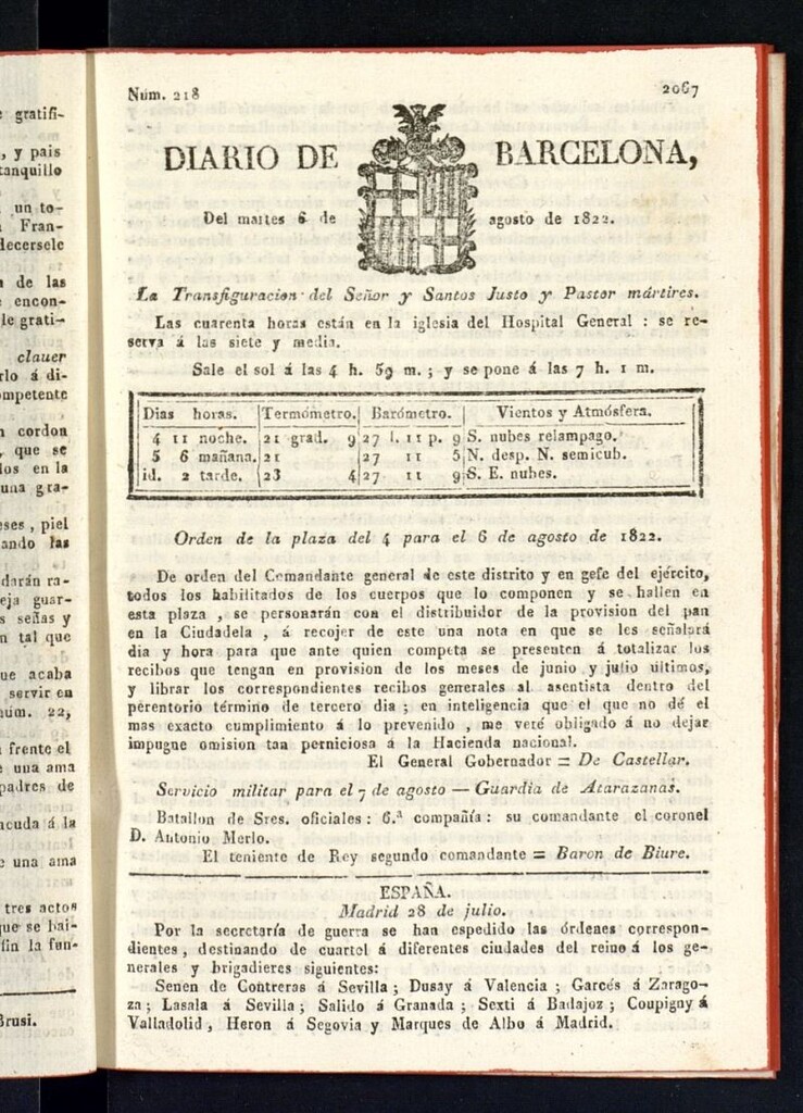 Miniatura de Diario de Barcelona del 6 de agosto de 1822, nº 218