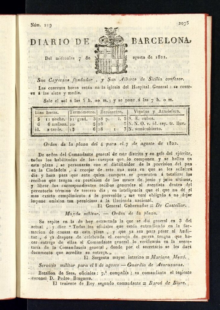 Miniatura de Diario de Barcelona del 7 de agosto de 1822, nº 219