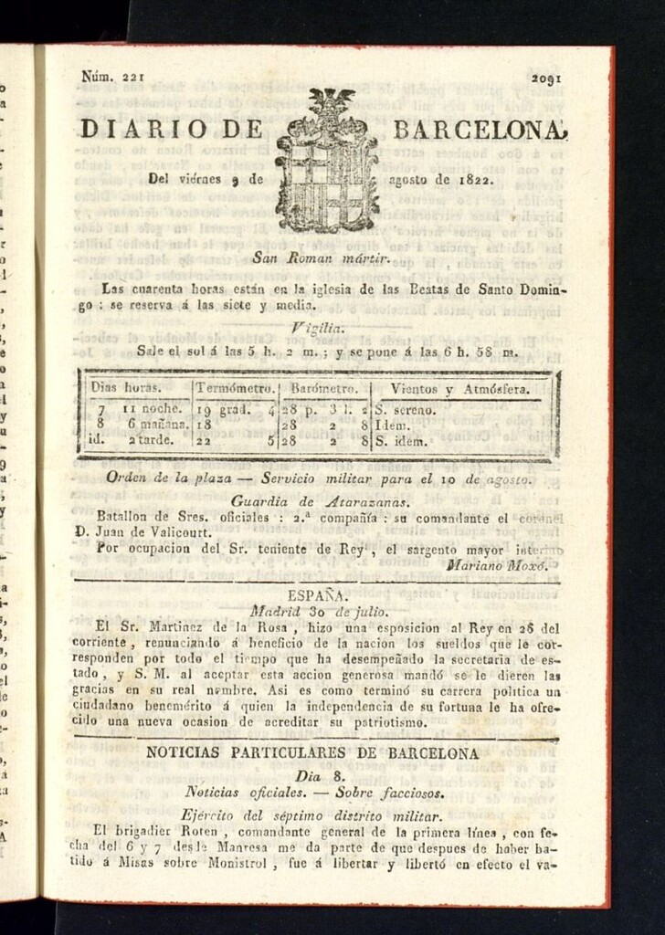 Miniatura de Diario de Barcelona del 9 de agosto de 1822, nº 221