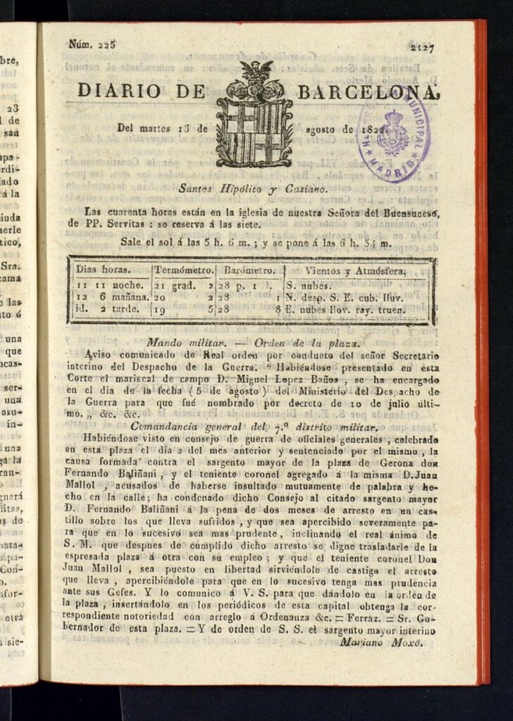 Miniatura de Diario de Barcelona del 13 de agosto de 1822, nº 225