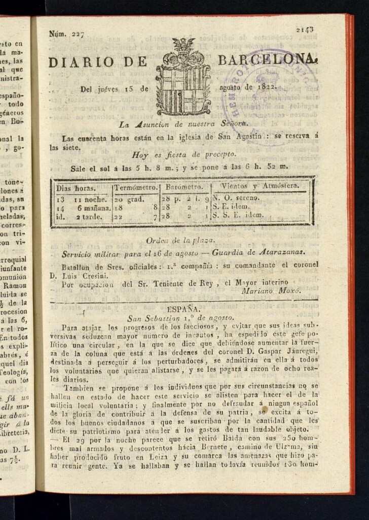 Miniatura de Diario de Barcelona del 15 de agosto de 1822, nº 227
