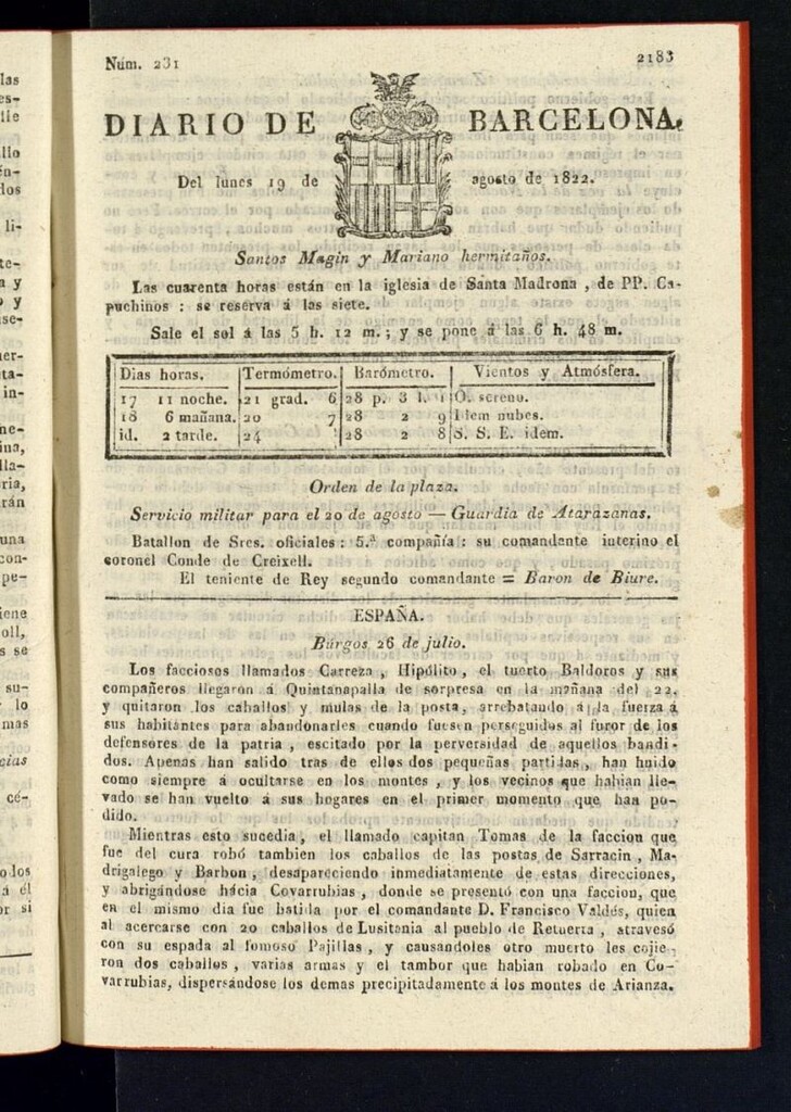 Miniatura de Diario de Barcelona del 19 de agosto de 1822, nº 231