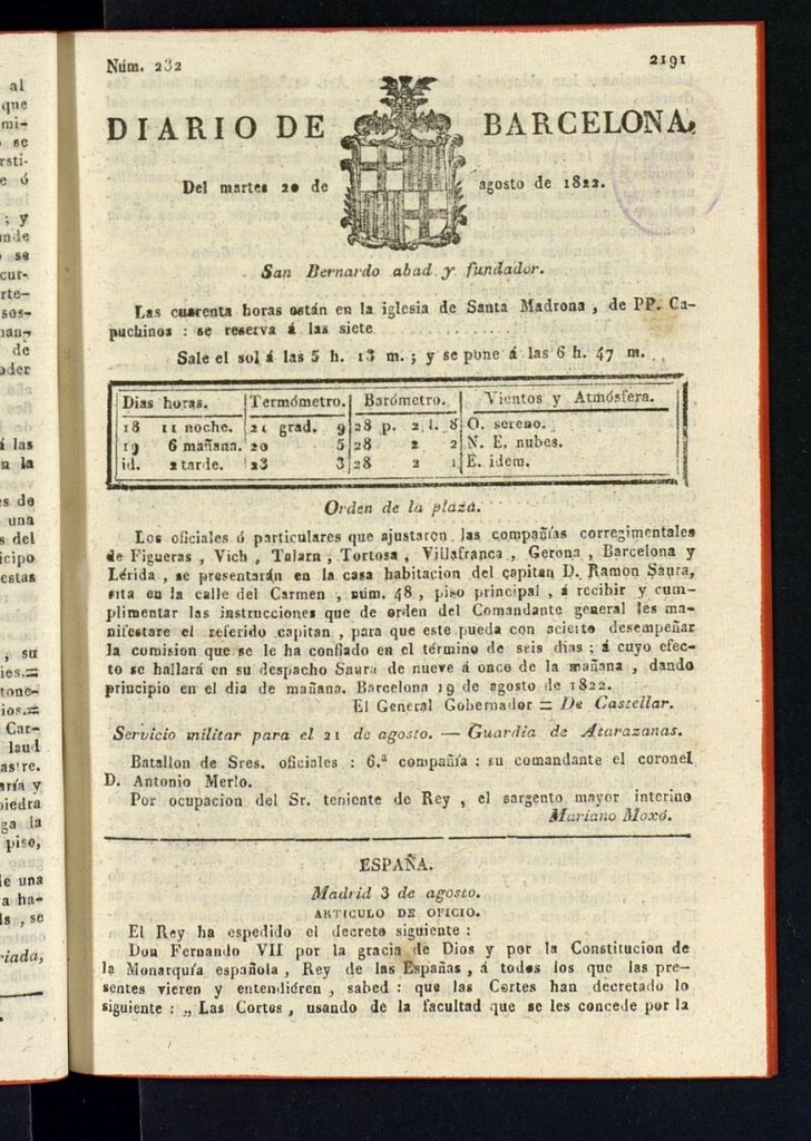 Miniatura de Diario de Barcelona del 20 de agosto de 1822