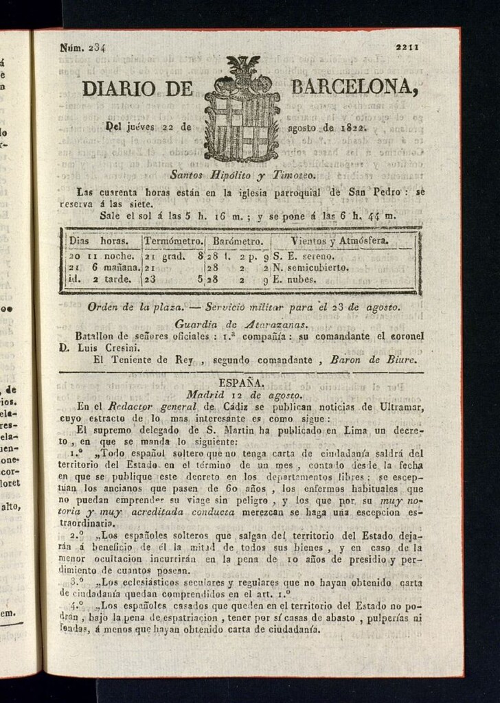 Miniatura de Diario de Barcelona del 22 de agosto de 1822