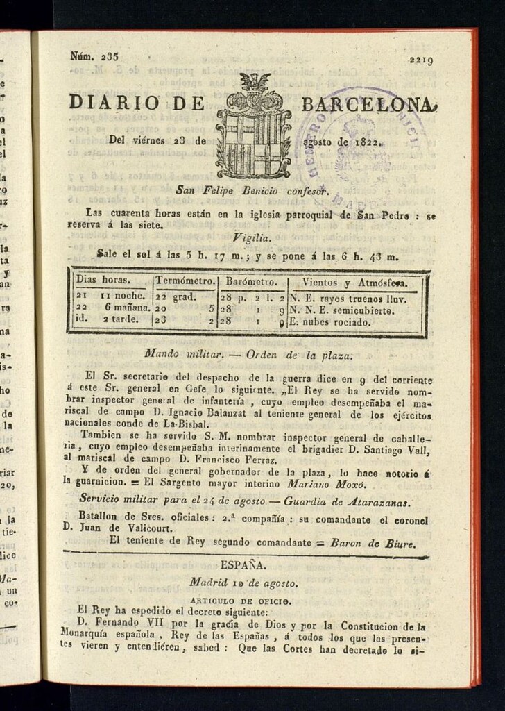 Miniatura de Diario de Barcelona del 23 de agosto de 1822