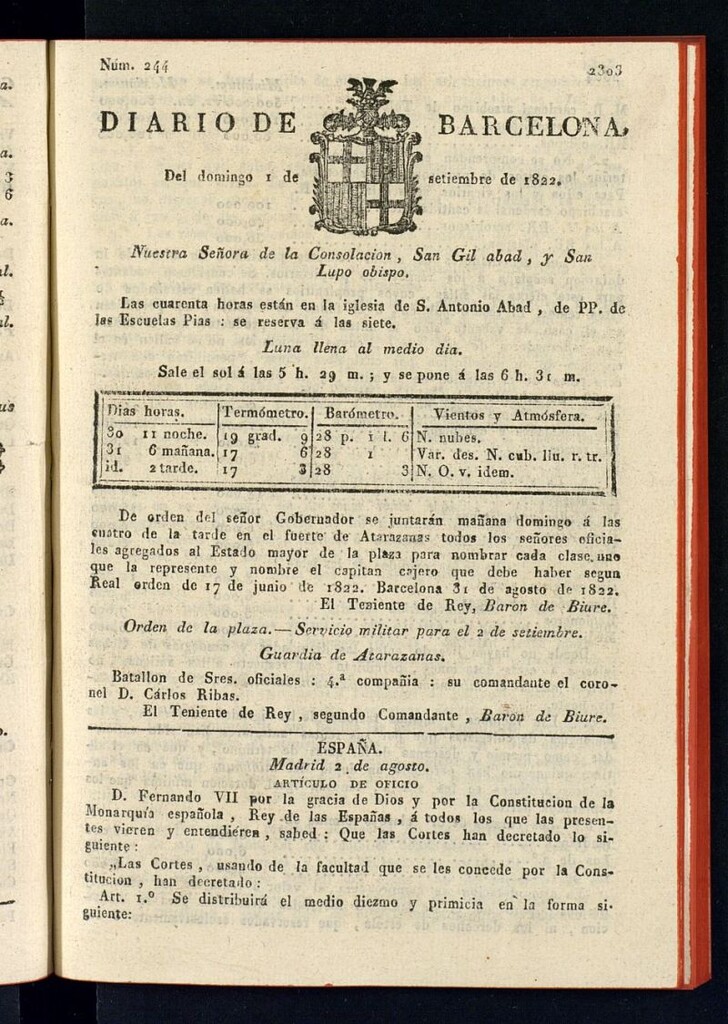 Miniatura de Diario de Barcelona del 1 de septiembre de 1822