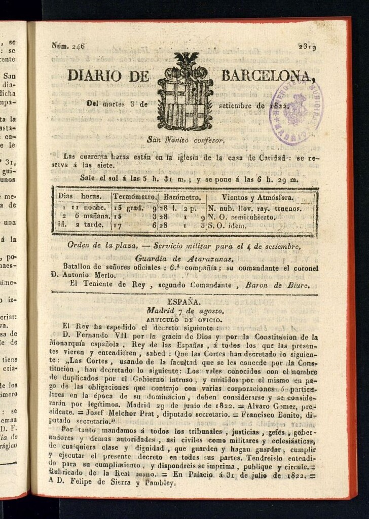 Miniatura de Diario de Barcelona del 3 de septiembre de 1822