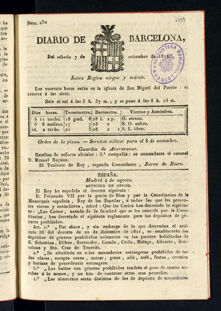 Miniatura de Diario de Barcelona del 7 de septiembre de 1822, nº 250
