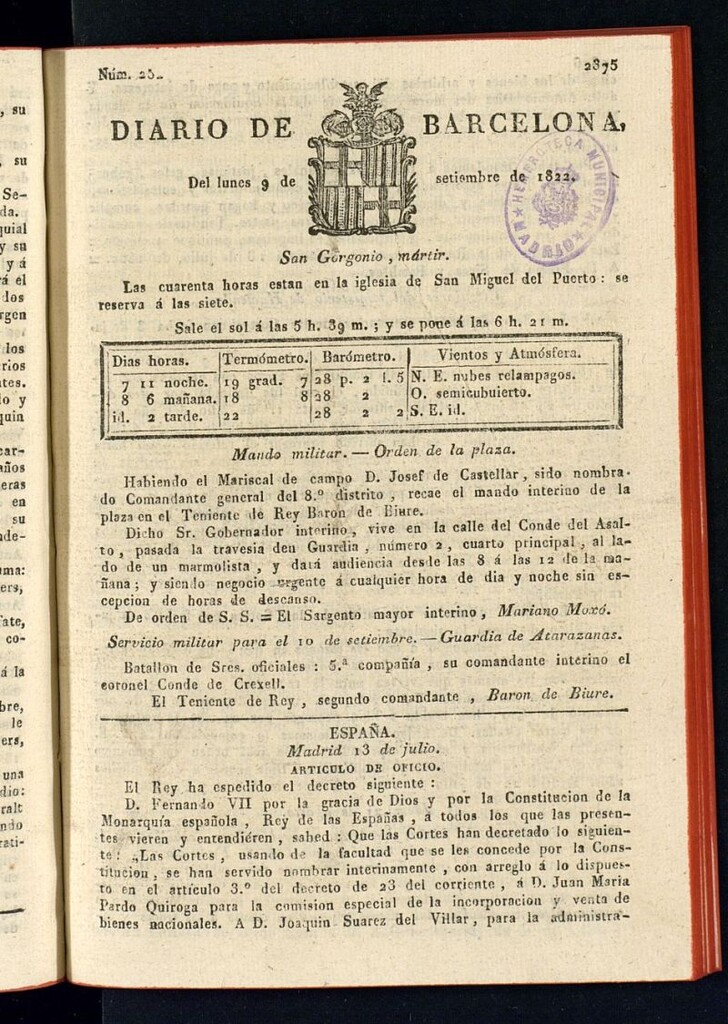 Miniatura de Diario de Barcelona del 9 de septiembre de 1822