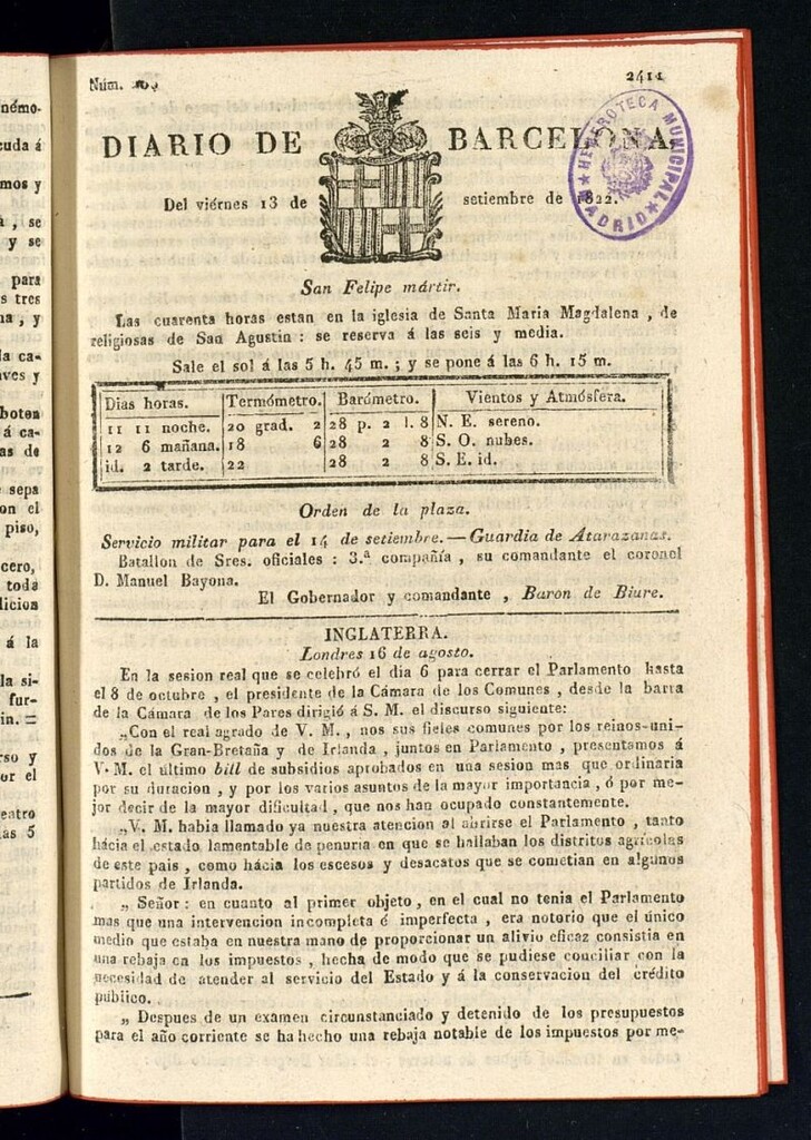 Miniatura de Diario de Barcelona del 13 de septiembre de 1822