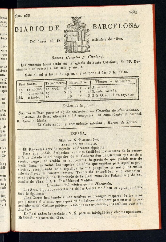 Miniatura de Diario de Barcelona del 16 de septiembre de 1822