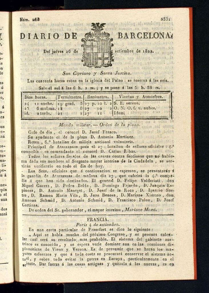 Miniatura de Diario de Barcelona del 26 de septiembre de 1822