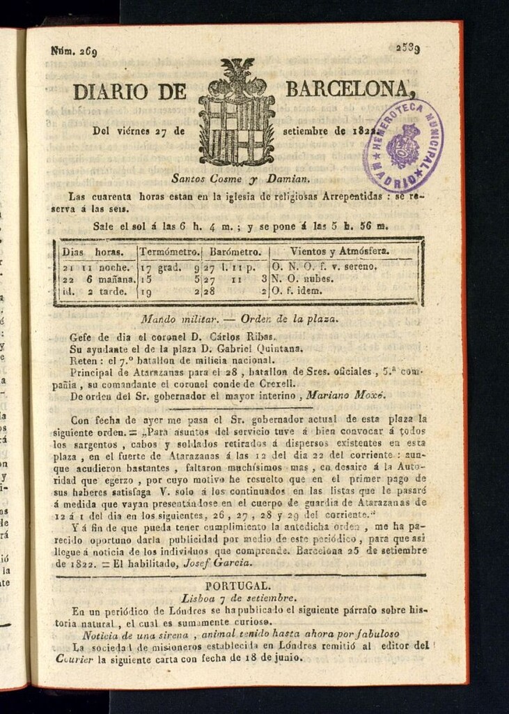 Miniatura de Diario de Barcelona del 27 de septiembre de 1822