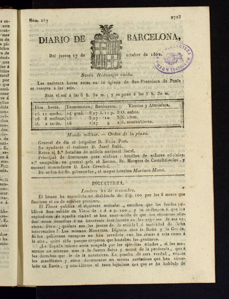 Miniatura de Diario de Barcelona del 17 de octubre de 1822