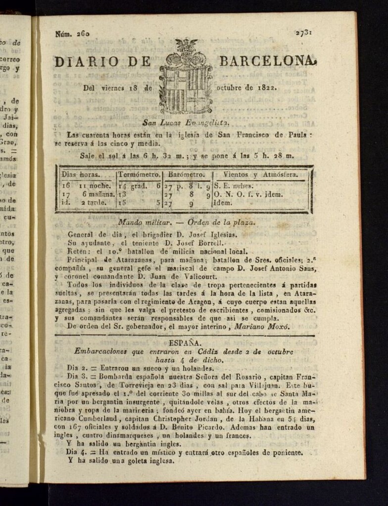Miniatura de Diario de Barcelona del 18 de octubre de 1822