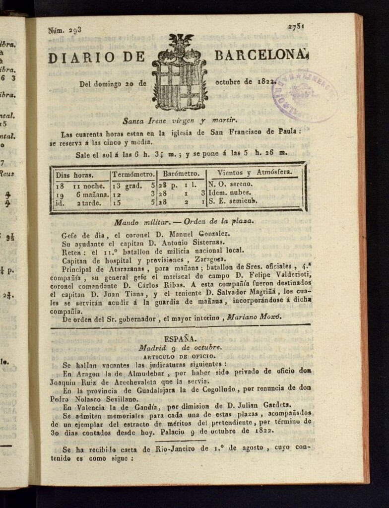 Miniatura de Diario de Barcelona del 20 de octubre de 1822
