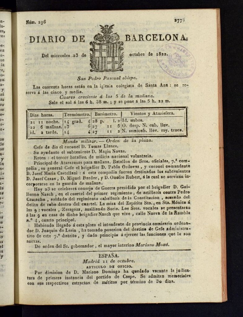 Miniatura de Diario de Barcelona del 23 de octubre de 1822