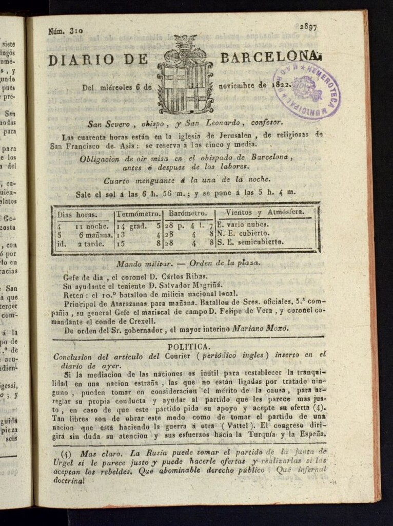 Miniatura de Diario de Barcelona del 6 de noviembre de 1822