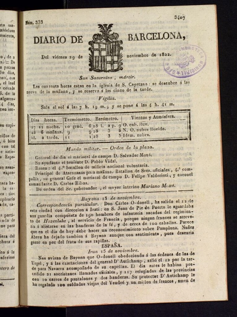 Miniatura de Diario de Barcelona del 29 de noviembre de 1822
