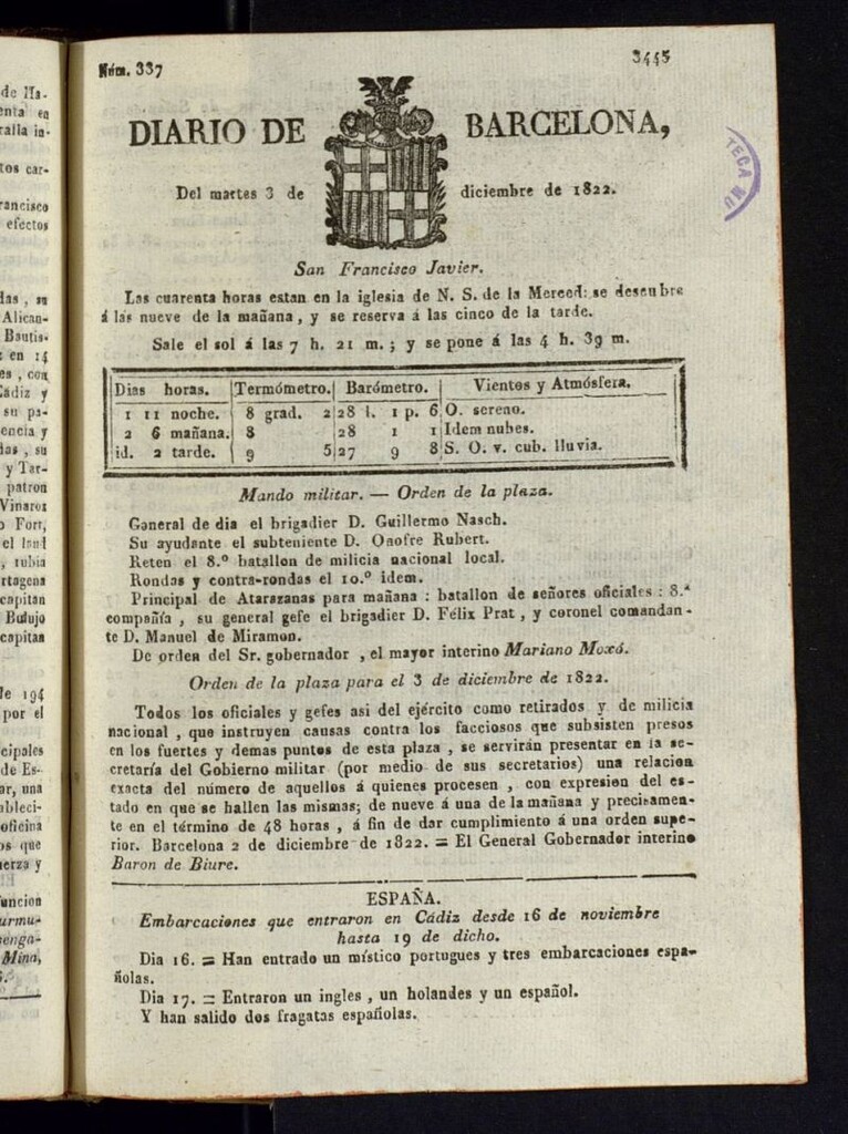 Miniatura de Diario de Barcelona del 3 de diciembre de 1822