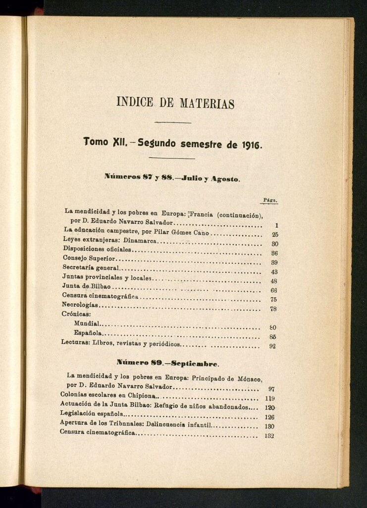 Miniatura de Pro Infantia : boletín del Consejo Superior de Protección a la Infancia y Represión de la Mendicidad. Índices. Segundo Semestre.