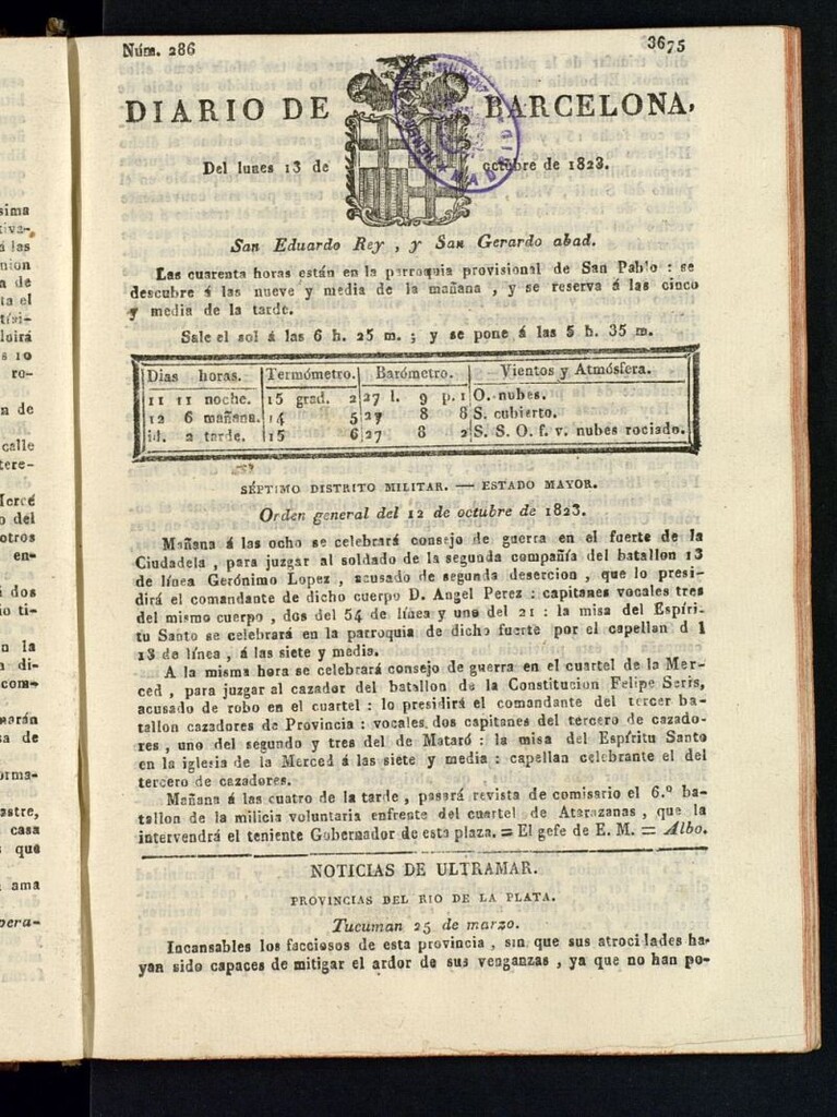 Miniatura de Diario de Barcelona del 13 de octubre de 1823