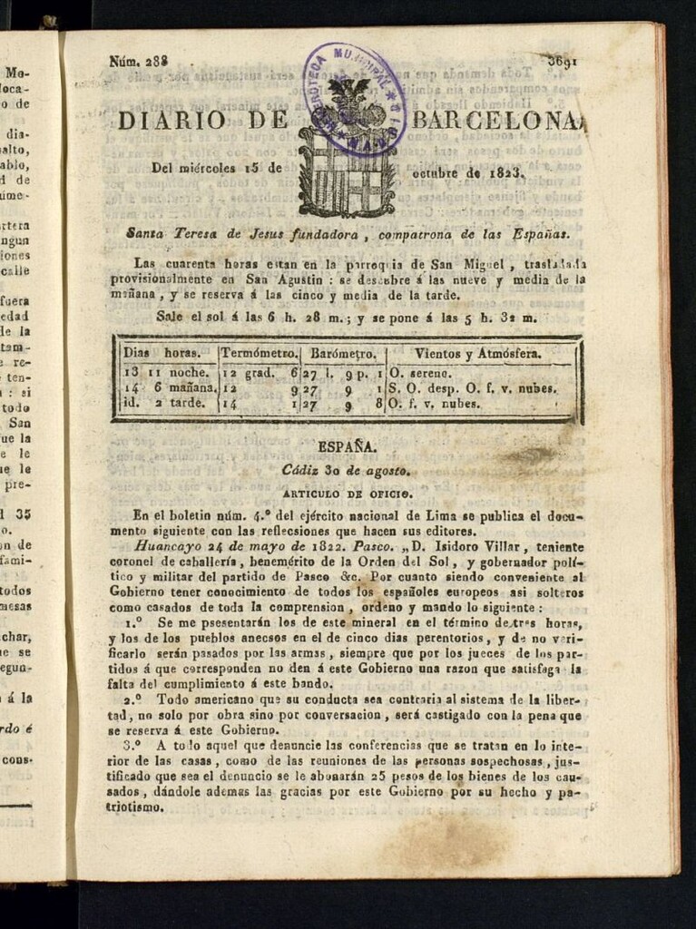 Miniatura de Diario de Barcelona del 15 de octubre de 1823