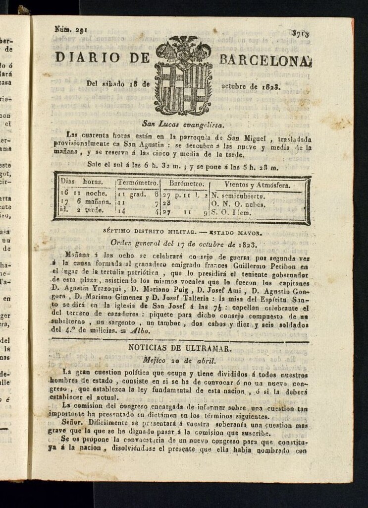 Miniatura de Diario de Barcelona del 18 de octubre de 1823