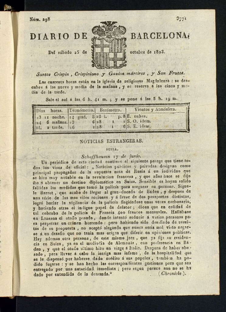Miniatura de Diario de Barcelona del 25 de octubre de 1823