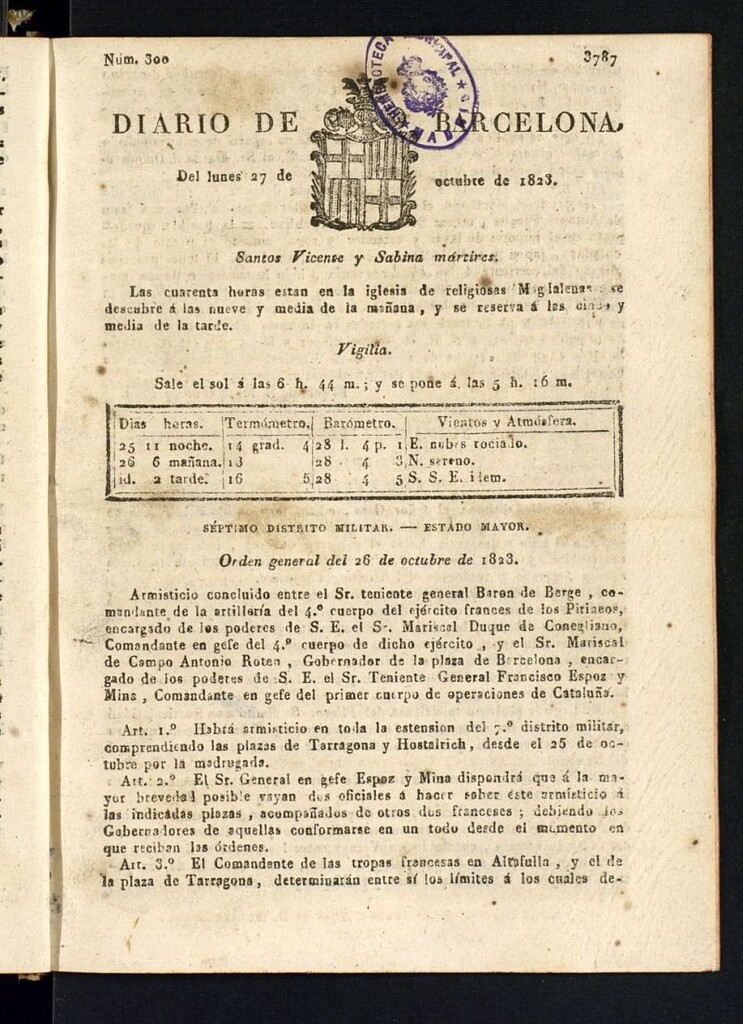 Miniatura de Diario de Barcelona del 27 de octubre de 1823
