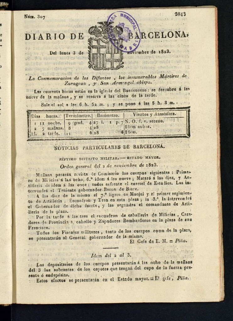 Miniatura de Diario de Barcelona del 3 de noviembre de 1823