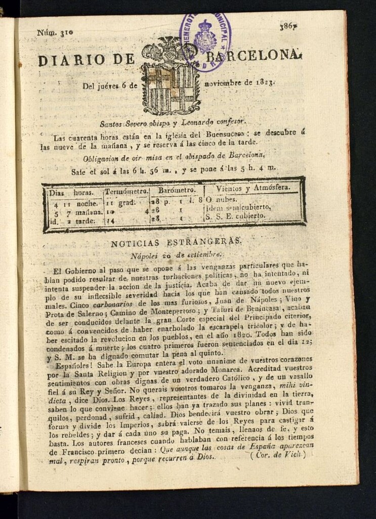 Miniatura de Diario de Barcelona del 6 de noviembre de 1823