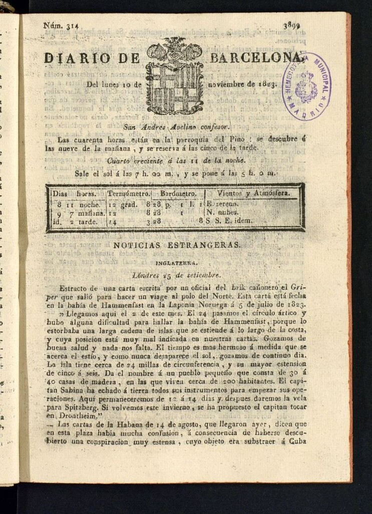 Miniatura de Diario de Barcelona del 10 de noviembre de 1823