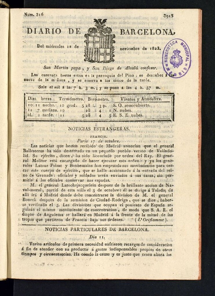 Miniatura de Diario de Barcelona del 12 de noviembre de 1823